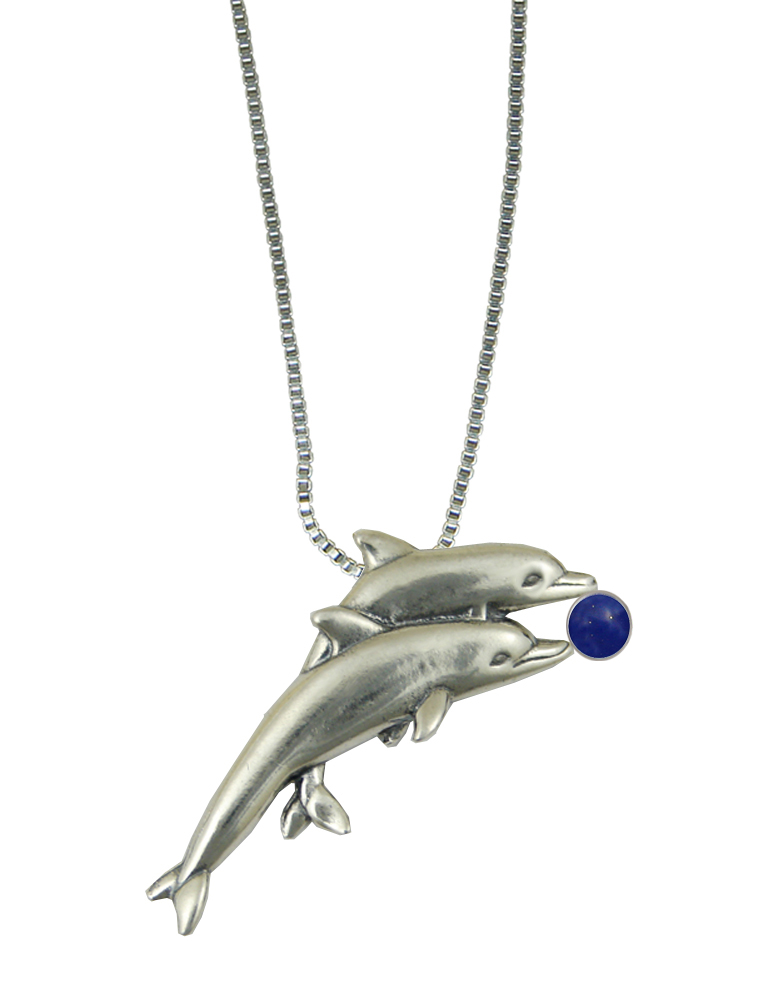 Sterling Silver Pair of Dolphins Pendant With Lapis Lazuli